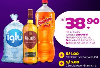 Tambo WHISKY GRANT'S TRIPLE WOOD 750 ML +GUARANÁ BACKUS 2 L + BOLSA DE HIELO 1.5 KG oferta