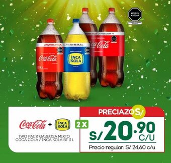 Tottus TWO PACK GASEOSA MIXTO COCA COLA/INCA KOLA BT 3 L X 2 oferta