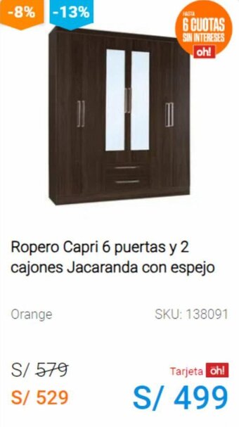 Promart Ropero Capri 6 puertas y 2 cajones Jacaranda con espejo oferta