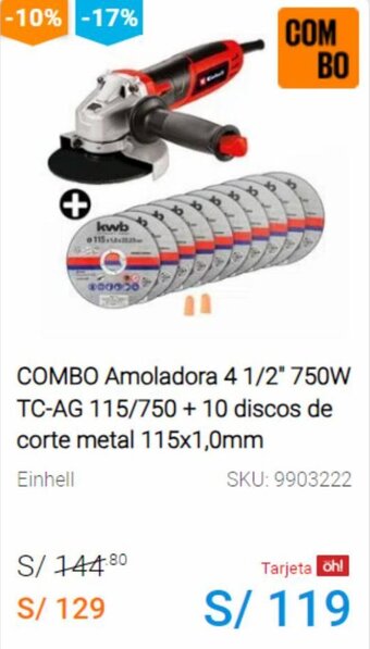 Promart COMBO Amoladora 4 1/2" 750W TC-AG 115/750 + 10 discos de corte metal 115x1,0mm oferta