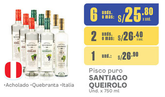 Plaza Vea Pisco puro SANTIAGO QUEIROLO Und. x 750 ml x 6 unds. oferta