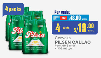 Plaza Vea Cerveza PILSEN CALLAO Pack de 6 unds. x 305 ml cx 4 packs oferta