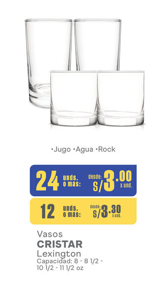 Plaza Vea Vasos CRISTAR Lexington Capacidad: 8 - 8½ - 10½ - 11½ oz. x 24 unds. oferta