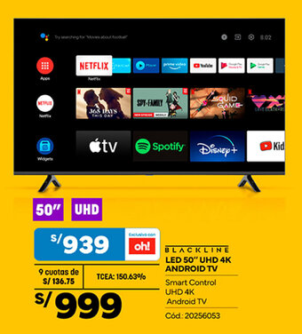 Plaza Vea BLACKLINE LED 50" UHD 4K ANDROID TV oferta