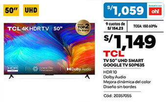 Plaza Vea TCL TV 50" UHD SMART GOOGLE TV 50P635 oferta