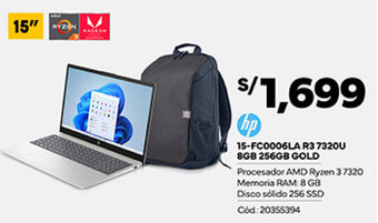 Plaza Vea HP 15-FC0006LA R3 7320U 8GB 256GB GOLD oferta