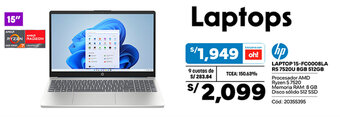 Plaza Vea hp LAPTOP 15-FC0008LA R5 7520U 8GB 512GB oferta