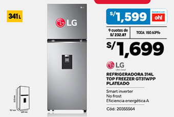 Plaza Vea LG REFRIGERADORA 314L TOP FREEZER GT31WPP PLATEADO oferta