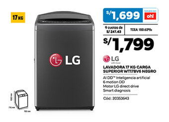 Plaza Vea LG LAVADORA 17 KG CARGA SUPERIOR WT17BV6 NEGRO oferta