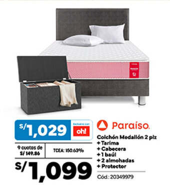 Plaza Vea Paraíso Colchón Medallón 2 plz + Tarima + Cabecera +1 baúl +2 almohadas + Protector oferta