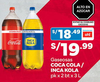 Plaza Vea Gaseosas COCA COLA / INCA KOLA pk x 2 bt x 3L oferta