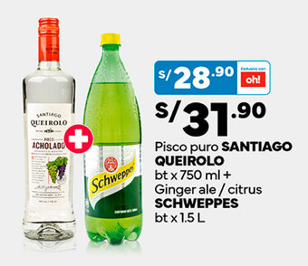 Plaza Vea Pisco puro SANTIAGO QUEIROLO bt x 750 ml + Ginger ale / citrus SCHWEPPES bt x 1.5 L oferta