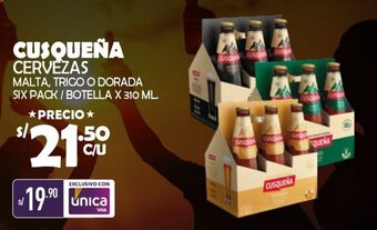 Vega CUSQUEÑA CERVEZAS MALTA, TRIGO O DORADA SIX PACK / BOTELLA X 310 ML. oferta