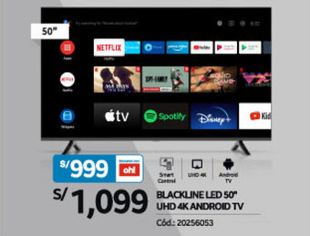 Plaza Vea BLACKLINE LED 50" UHD 4K ANDROID TV oferta