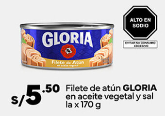 Plaza Vea Filete de atún GLORIA en aceite vegetal y sal la x 170 g oferta
