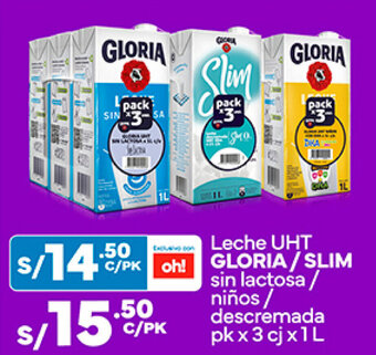 Plaza Vea Leche UHT GLORIA / SLIM sin lactosa / niños descremada pk x 3 cj x 1L oferta