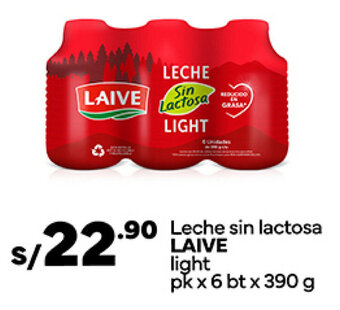 Plaza Vea Leche sin lactosa LAIVE light pk x 6 bt x 390 g oferta