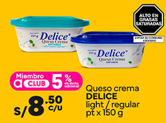 Plaza Vea Queso crema DELICE light / regular pt x 150 g oferta