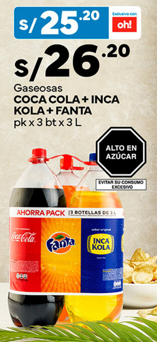 Plaza Vea Gaseosas COCA-COLA + INCA KOLA + FANTA pk x 3 bt x 3 L oferta