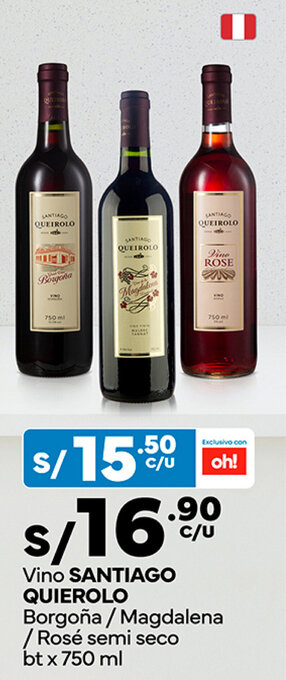 Plaza Vea Vino SANTIAGO QUIEROLO Borgoña / Magdalena /Rosé semi seco bt x 750 ml oferta