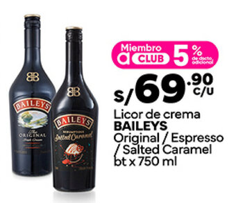 Plaza Vea Licor de crema BAILEYS Original / Espresso / Salted Caramel bt x 750 ml oferta