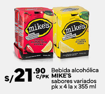 Plaza Vea Bebida alcohólica MIKE'S sabores variados pk x 4 la x 355 ml oferta