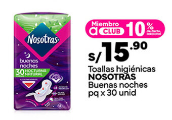 Plaza Vea Toallas higiénicas NOSOTRAS Buenas noches pq x 30 unid oferta