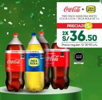 Tottus TWO PACK GASEOSA MIXTO COCA-COLA / INCA KOLA BT 3L X 2 oferta