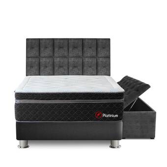Tiendas EFE Juego de dormitorio forli platinium tapizado king + colchón + box tarima + cabecera + baúl + protector + almohada oferta