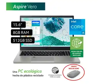 Tiendas EFE Laptop acer aspire vero 15.6 windows 11 intel core i5-1155g7 8gb 512gb ssd av15-51-50x9 + mouse vero oferta