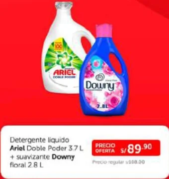 Wong ARIEL Detergente liquido Ariel Doble Poder 3.7 L + suavizante Downy floral 2.8 L oferta