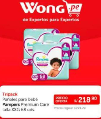 Wong Tripack Pañales para bebé Pampers Premium Care talla XXG 68 uds. oferta