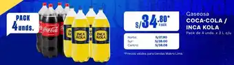 Makro Gaseosa COCA-COLA / INCA KOLA Pack de 4 unds. x 3 L c/u oferta