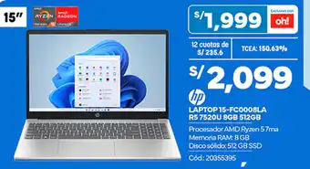 Plaza Vea hp LAPTOP 15-FC0008LA R5 7520U 8GB 512GB oferta