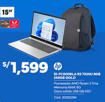 Plaza Vea hp 15-FC0006LA R3 7320U 8GB 256GB GOLD oferta
