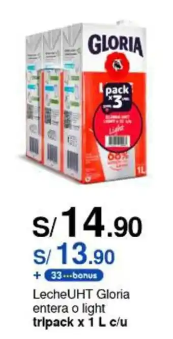 Metro Leche UHT Gloria entera o light tripack x 1 L c/u oferta