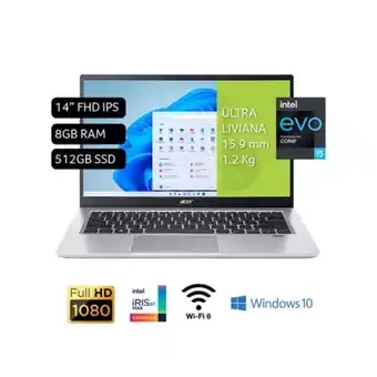 Tiendas EFE Laptop acer swift 3 14 windows 11 intel core i5-1135g7 8gb 512gb ssd sf314-511-579k oferta