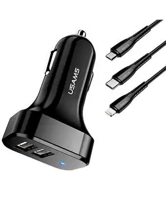 Tiendas EFE Set cargador auto dual usams 2.1 a + cable 3 en 1 negro oferta
