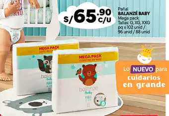 Plaza Vea Pañal BALANZÉ BABY Mega pack Tallas: G, XG, XXG pq x 102 unid/ 96 unid/88 unid oferta