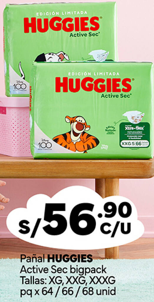 Plaza Vea Pañal HUGGIES Active Sec bigpack Tallas: XG, XXG, XXXG pq x 64/66/68 unid oferta