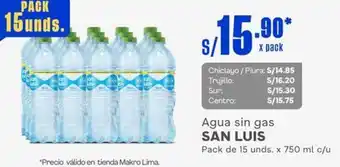 Makro Agua sin gas SAN LUIS Pack de 15 unds. x 750 ml c/u oferta