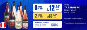 Makro Vino TABERNERO Semi seco Und. x 750 ml x 6 unds oferta
