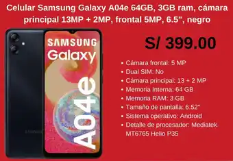 Coolbox Celular Samsung Galaxy A04 64GB, 3GB ram, cámara principal 13MP + 2MP, frontal 5MP, 6.5", negro oferta