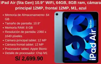 Coolbox iPad Air (5ta Gen) 10.9" WiFi, 64GB, 8GB ram, cámara principal 12MP, frontal 12MP, M1, azul oferta