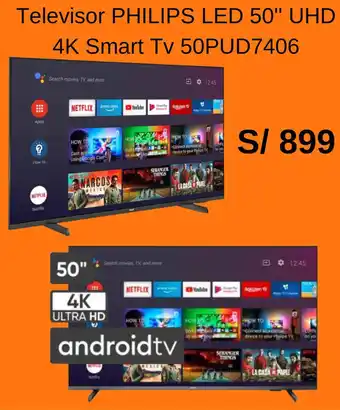 Promart Televisor PHILIPS LED 50" UHD 4K Smart Tv 50PUD7406 oferta