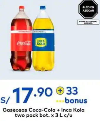 Metro Gaseosas Coca-Cola + Inca Kola two pack bot. x 3Lc/u oferta