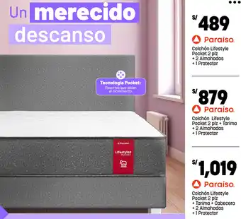 Plaza Vea Paraíso Colchón Lifestyle Pocket 2 plz + 2 Almohadas + 1 Protector oferta
