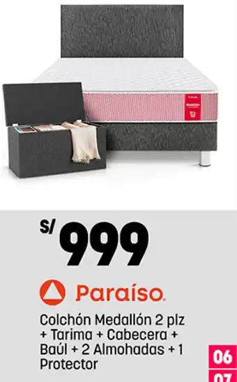 Plaza Vea Paraíso Colchón Medallón 2 plz + Tarima + Cabecera + Baúl + 2 Almohadas + 1 Protector oferta