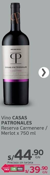 Tottus Vino CASAS PATRONALES Reserva Carmenere / Merlot x 750 ml oferta