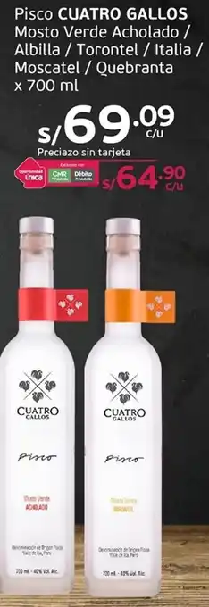 Tottus Pisco CUATRO GALLOS Mosto Verde Acholado / Albilla / Torontel / Italia / Moscatel / Quebranta x 700 ml oferta